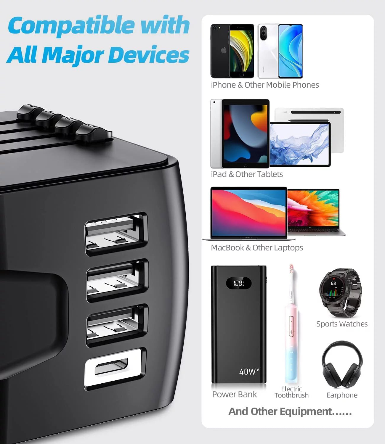 Universal Travel Adapter, Meromore European Travel Plug Adapter with Type C, Black