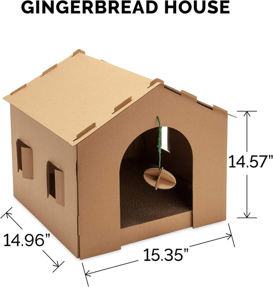 Cardboard Cat House Gingerbread House, Cat Hideout Scratcher with Detachable Hanging Toys
