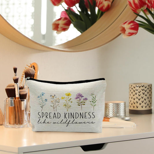 Be Kind Makeup Bag, Kindness Gifts, Spread Kindness like Wildflowers Cosmetic Bag for Women, Motivational Inspirational Gifts for Women, Floral Makeup Pouch