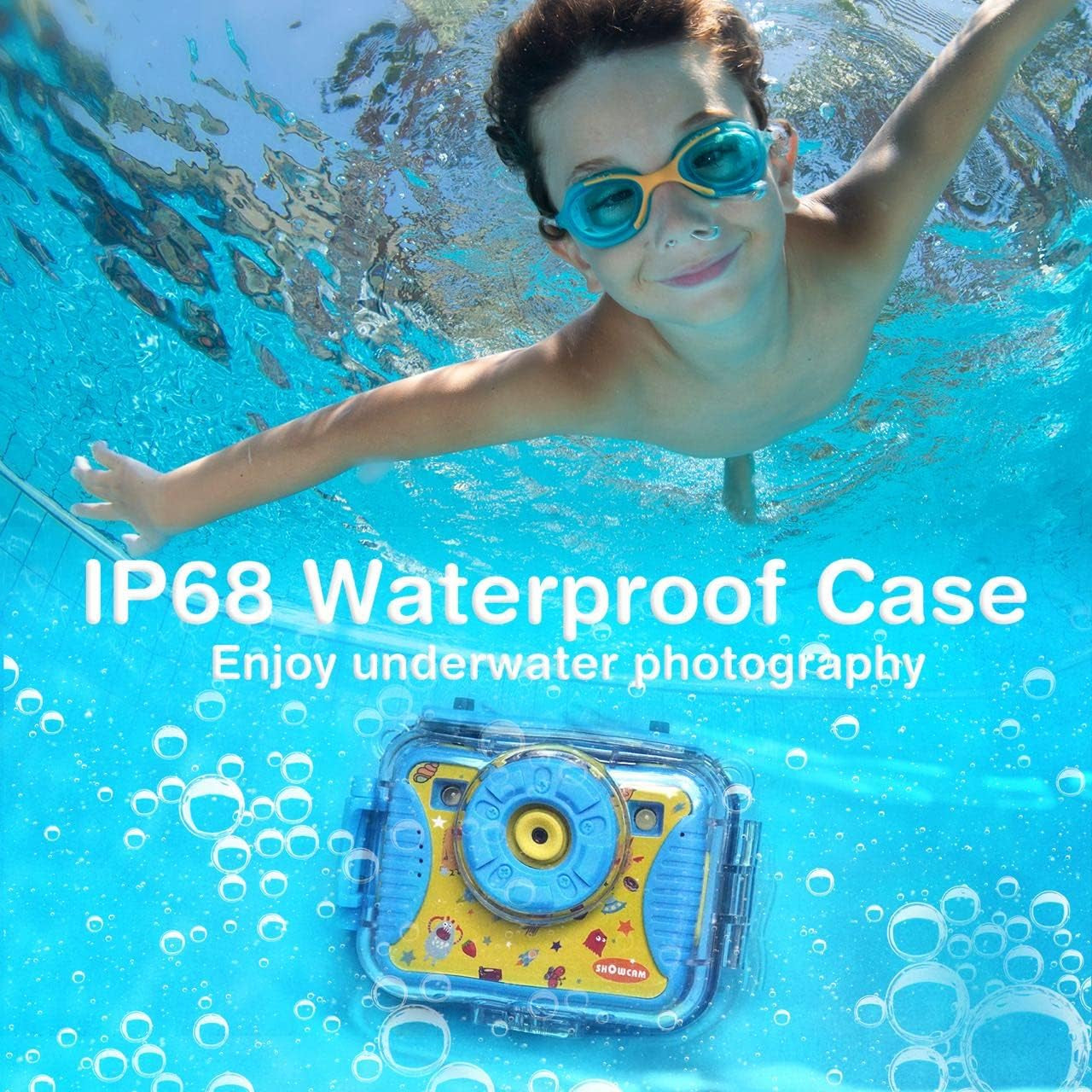 Kids Waterproof Camera Best Gift for Children with Video, Underwater Child Cam for Boy Age 3,4,5,6+, Selfie Supported 1080P 8MP 2.4 Inch Large Screen, 16GB, Silicon Handle - Blue