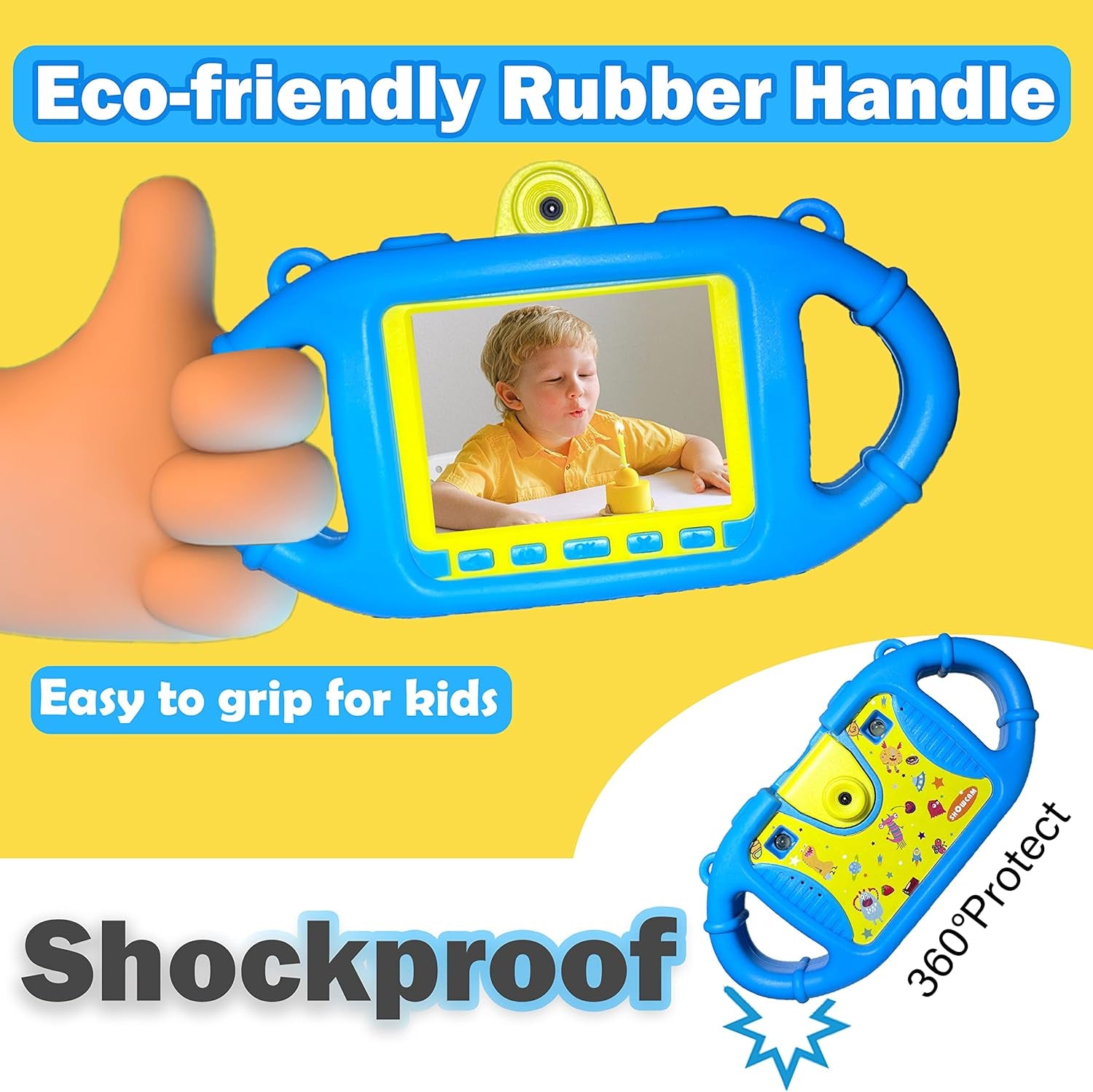 Kids Waterproof Camera Best Gift for Children with Video, Underwater Child Cam for Boy Age 3,4,5,6+, Selfie Supported 1080P 8MP 2.4 Inch Large Screen, 16GB, Silicon Handle - Blue
