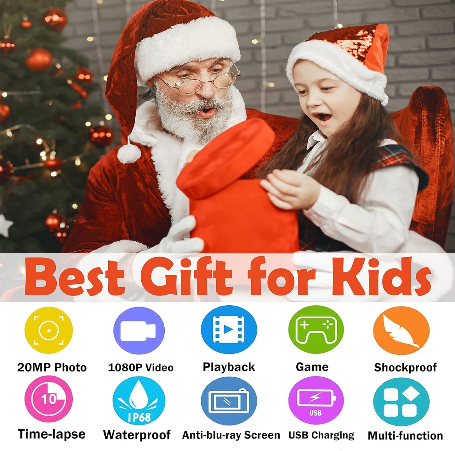 Kids Waterproof Camera Best Gift for Children with Video, Underwater Child Cam for Boy Age 3,4,5,6+, Selfie Supported 1080P 8MP 2.4 Inch Large Screen, 16GB, Silicon Handle - Blue