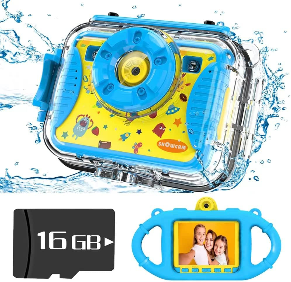 Kids Waterproof Camera Best Gift for Children with Video, Underwater Child Cam for Boy Age 3,4,5,6+, Selfie Supported 1080P 8MP 2.4 Inch Large Screen, 16GB, Silicon Handle - Blue