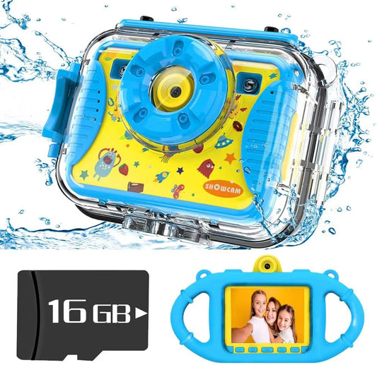 Kids Waterproof Camera Best Gift for Children with Video, Underwater Child Cam for Boy Age 3,4,5,6+, Selfie Supported 1080P 8MP 2.4 Inch Large Screen, 16GB, Silicon Handle - Blue