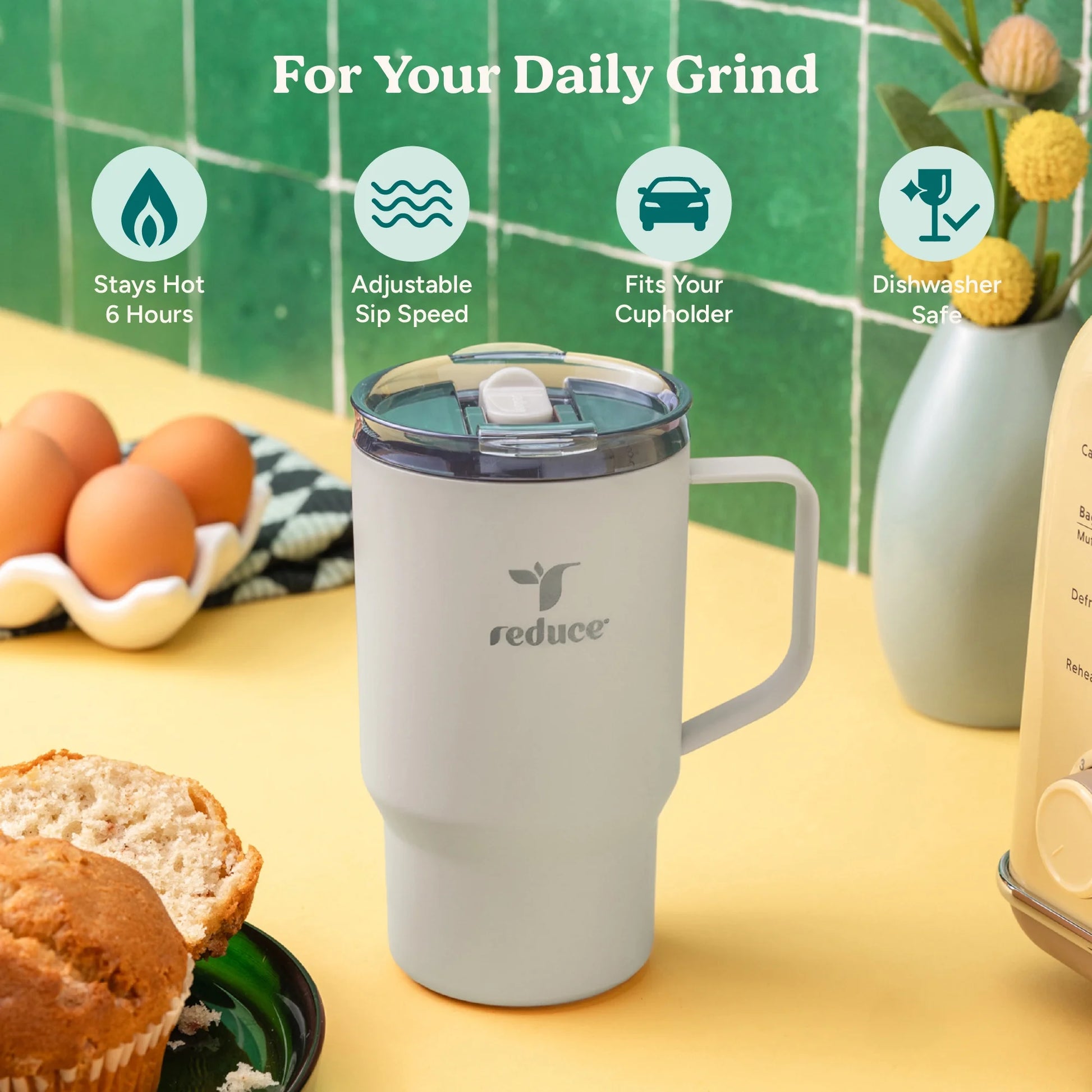 Reduce Vacuum Insulated Stainless Steel Hot1 18Oz Travel Mug with Adjustable Flow Lid: Linen