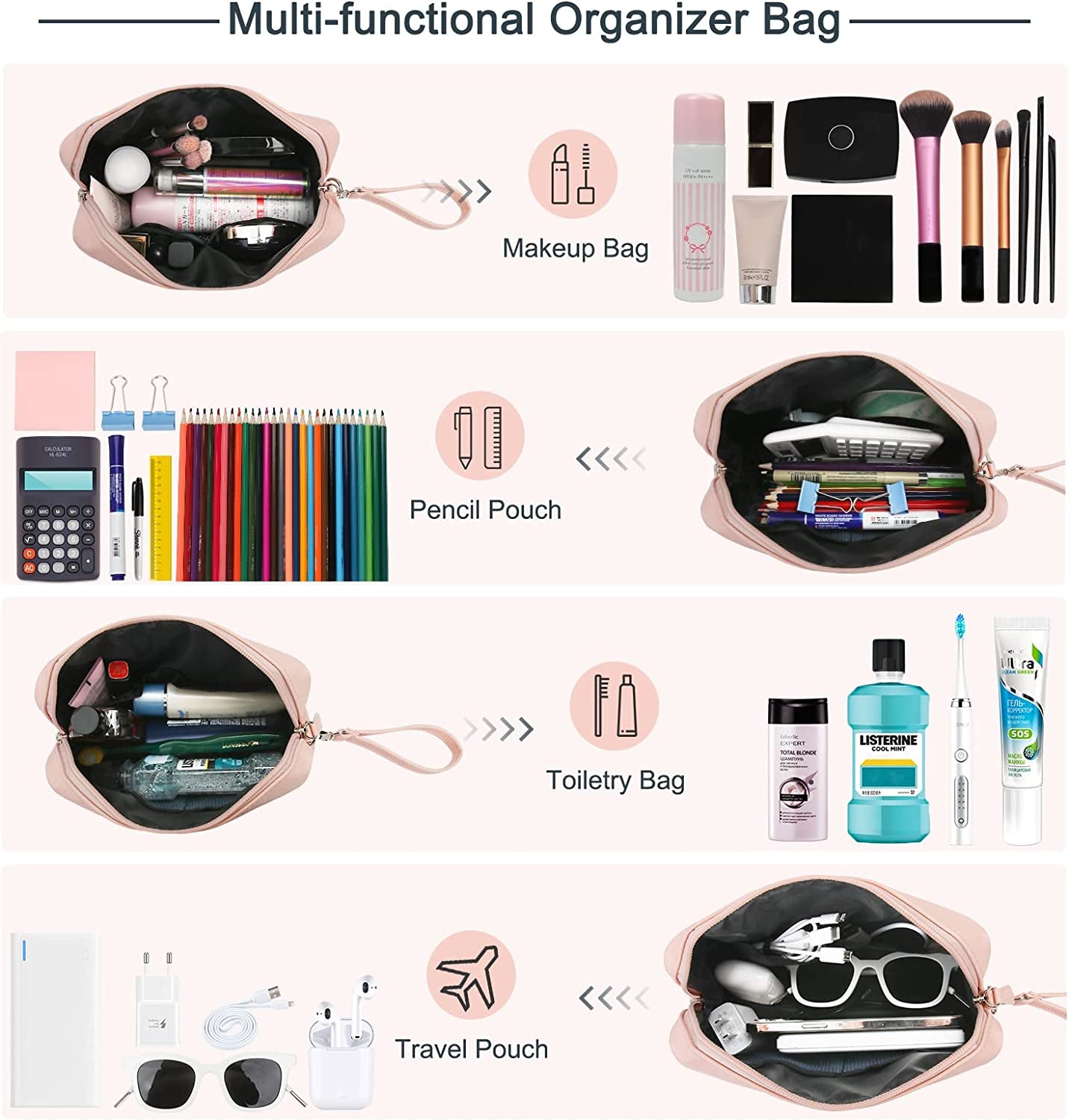 Lindan Makeup Bag, Cosmetic Bag Zipper Pouch Make up Bag Organizer, Travel Toiletry Bag for Women Girls with Carrying Strap