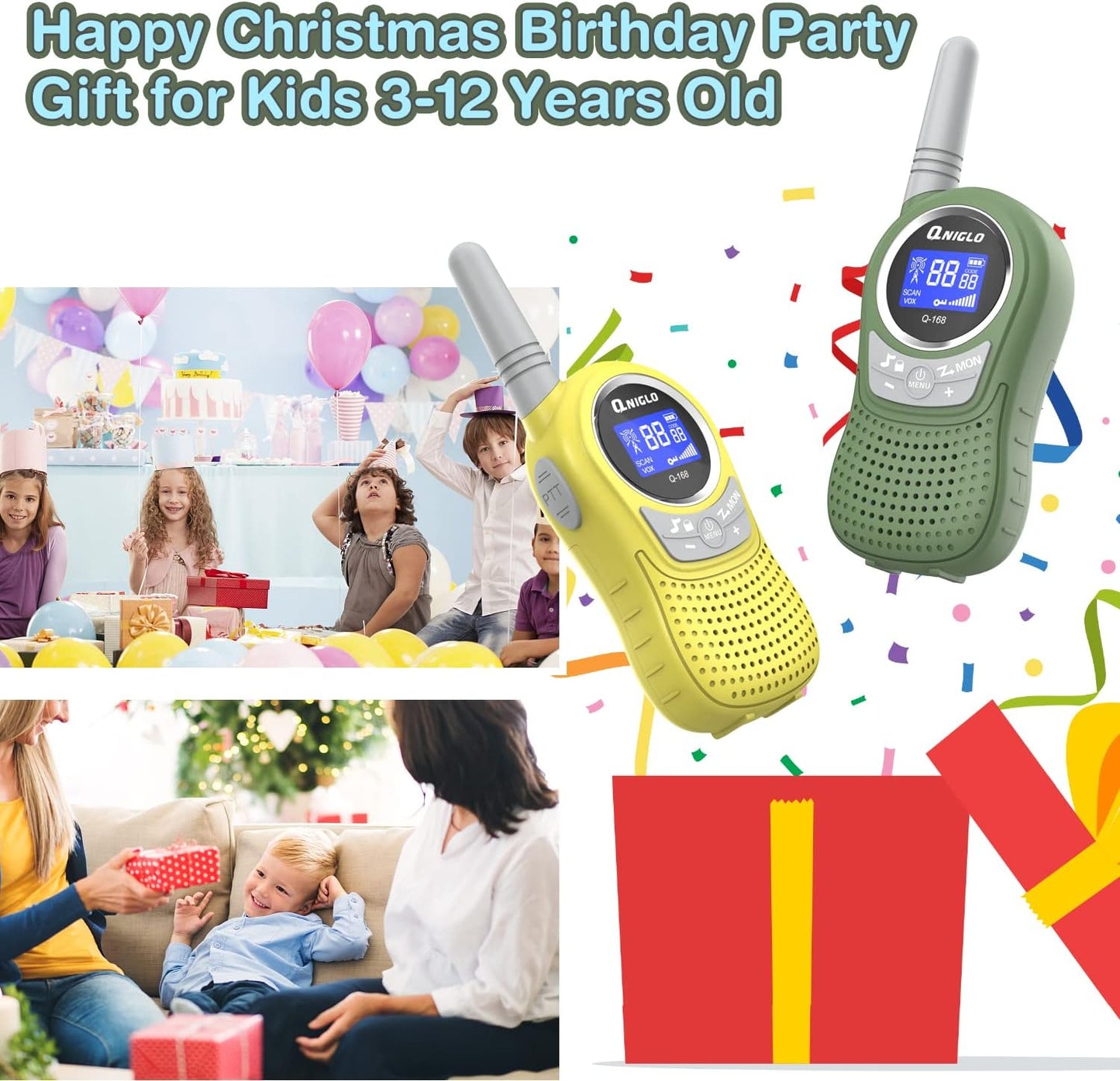 QNIGLO Kids Walkie Talkies 2 Pack, 22 Channel 2KM Rechargeable Walkie Talkies for Kids, Outdoor Camping Hiking Christmas Toys for Kids, Ideal Walkie Talkies for Kids Gifts for Boy Girl 3-12 Years Old