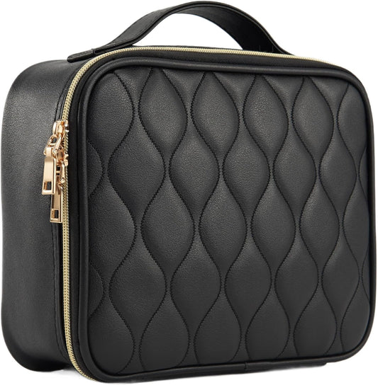 Stagiant Travel Makeup Bag, Make up Bag for Women, Large Leather Cosmetic Bag Travel Toiletry Bag for Girls Make up Bag Brush Organizer Bags (Quilted Black)