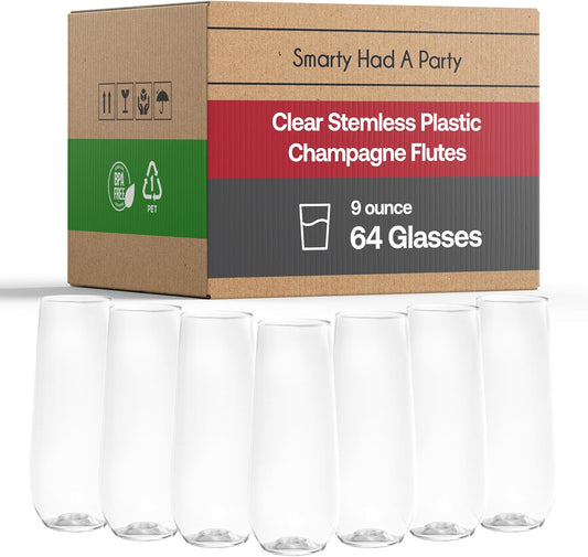9 Oz. Champagne Flutes – 64 Clear Stemless Plastic Champagne Flutes, Unbreakable Premium Quality Crystal Clear Plastic Champagne Glasses for Parties & Mimosa Bars, Bulk Drinkware for Celebrations