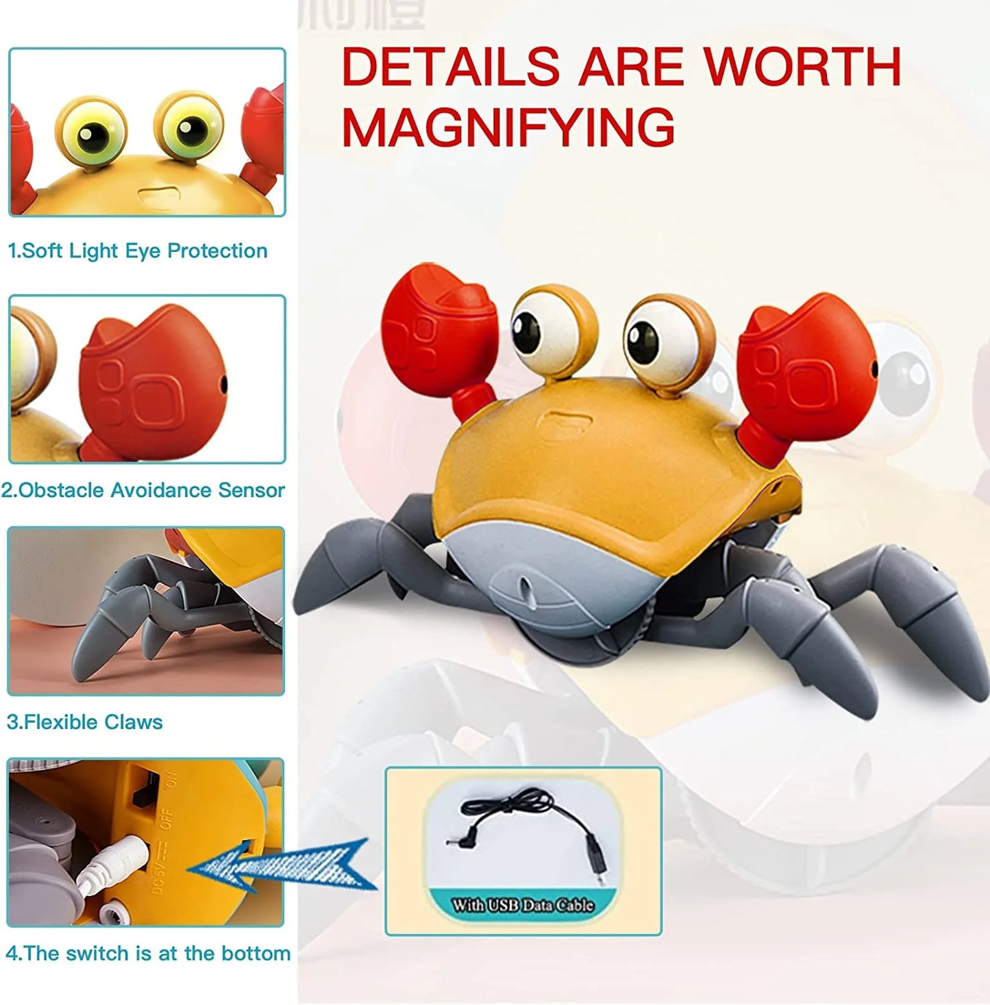 Ozmatip Crawling Crab Baby Toy, Tummy Time Gifts for Newborn Babies 3-12 Month, Light-Up Walking Dancing Moving Crab with Music, Rechargeable Sensory Toy