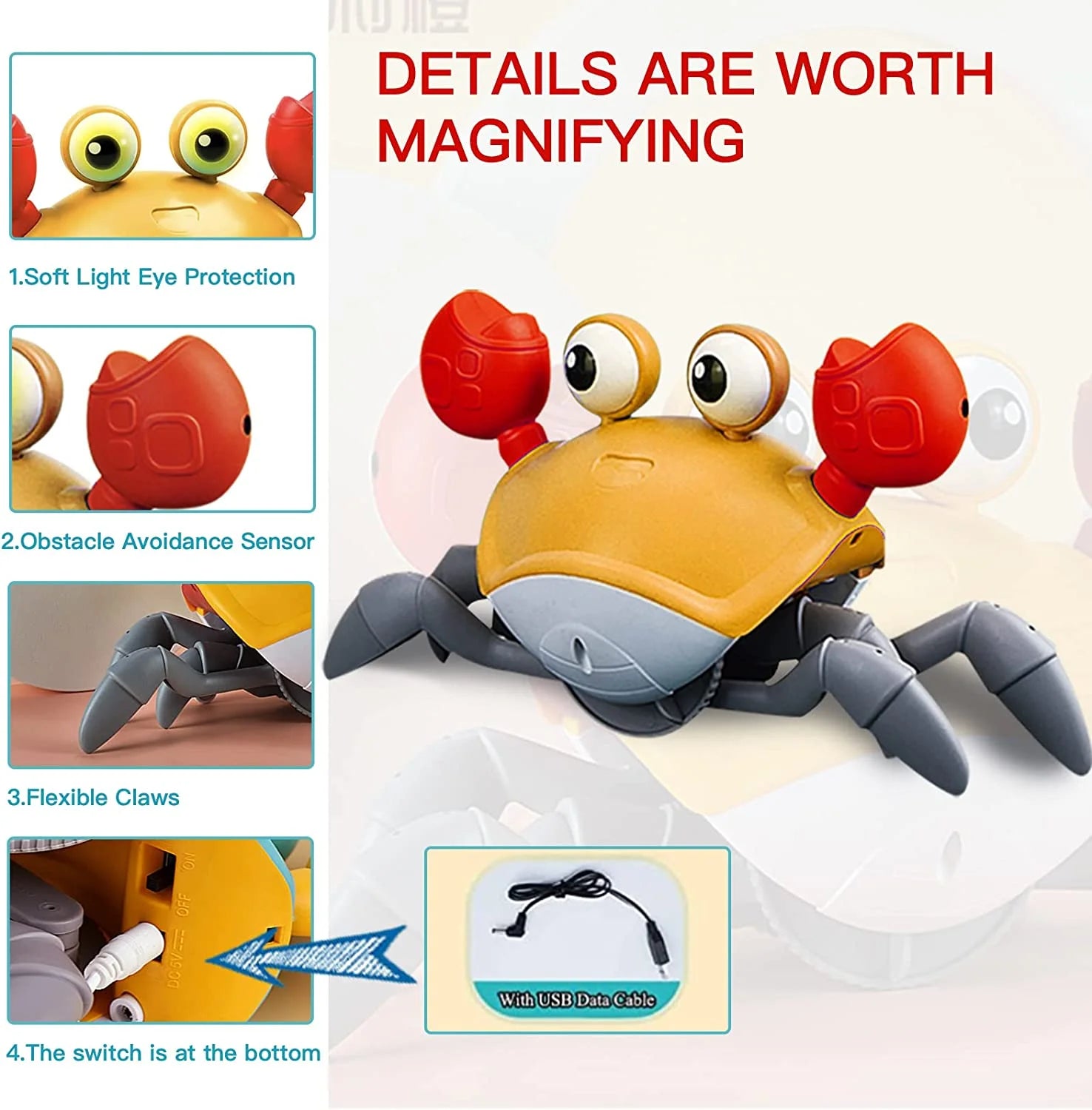Ozmatip Crawling Crab Baby Toy, Tummy Time Gifts for Newborn Babies 3-12 Month, Light-Up Walking Dancing Moving Crab with Music, Rechargeable Sensory Toy