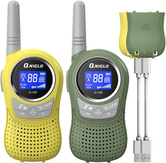 QNIGLO Kids Walkie Talkies 2 Pack, 22 Channel 2KM Rechargeable Walkie Talkies for Kids, Outdoor Camping Hiking Christmas Toys for Kids, Ideal Walkie Talkies for Kids Gifts for Boy Girl 3-12 Years Old