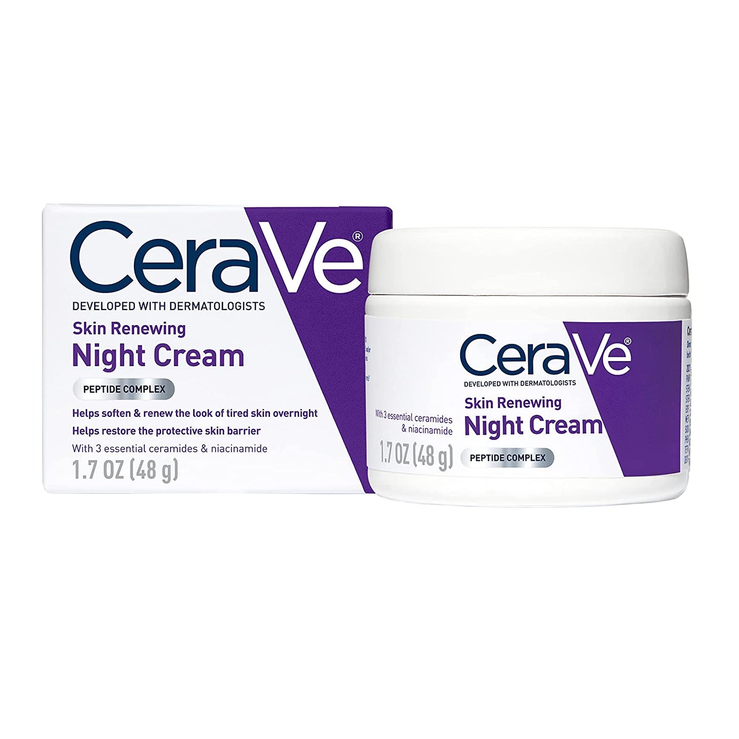 Cerave Skin Renewing Night Cream, Niacinamide, Peptide Complex, and Hyaluronic Acid Moisturizer for Face, 1.7 Ounce, Packaging May Vary