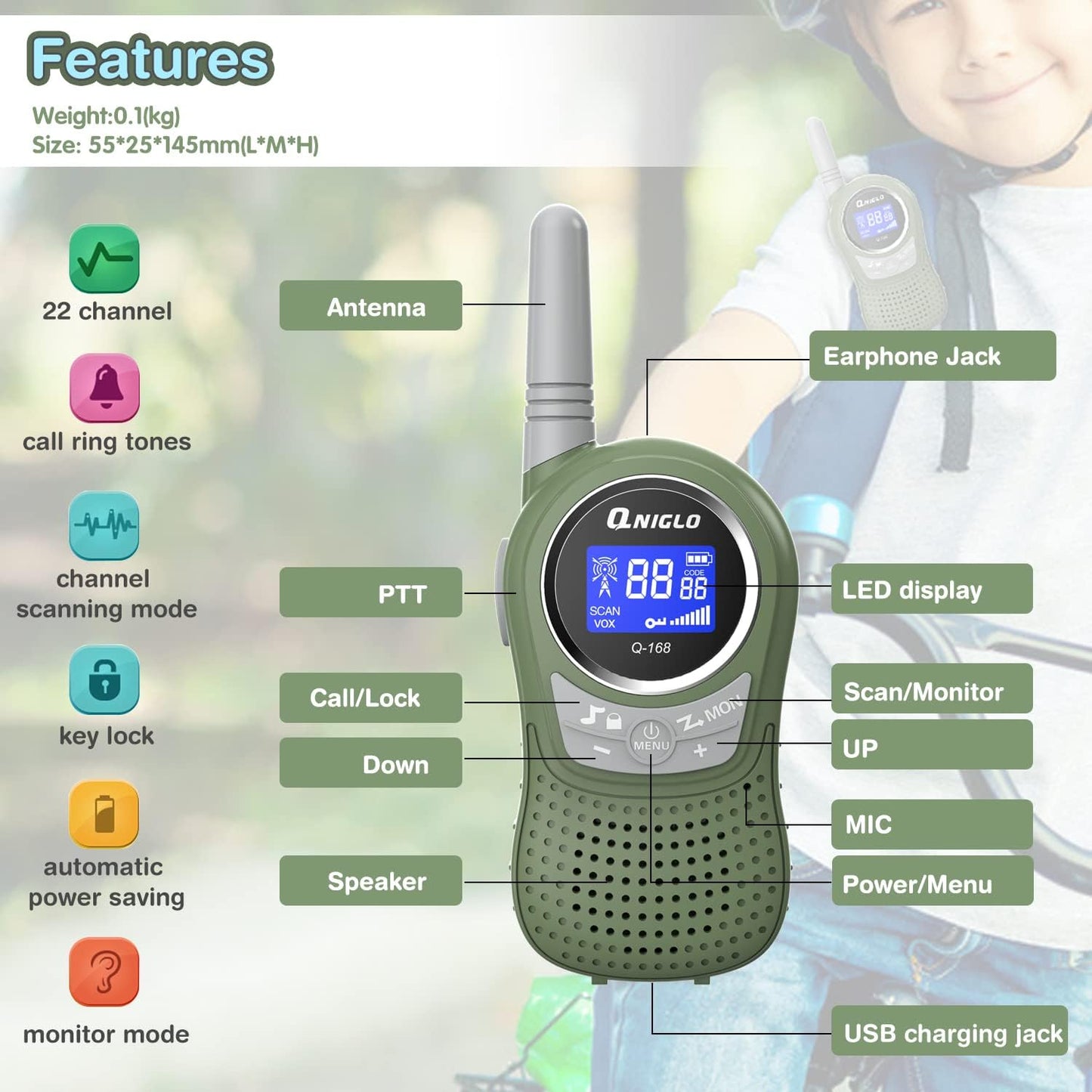 QNIGLO Kids Walkie Talkies 2 Pack, 22 Channel 2KM Rechargeable Walkie Talkies for Kids, Outdoor Camping Hiking Christmas Toys for Kids, Ideal Walkie Talkies for Kids Gifts for Boy Girl 3-12 Years Old