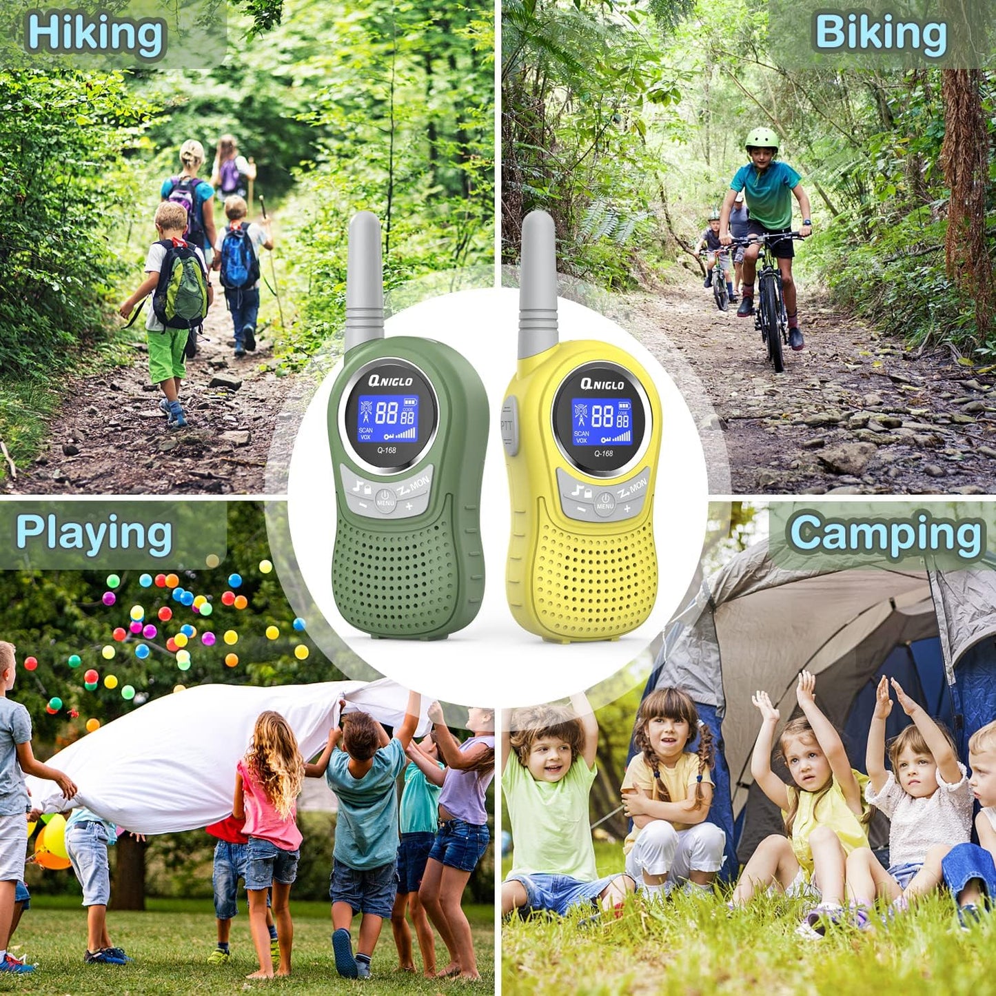 QNIGLO Kids Walkie Talkies 2 Pack, 22 Channel 2KM Rechargeable Walkie Talkies for Kids, Outdoor Camping Hiking Christmas Toys for Kids, Ideal Walkie Talkies for Kids Gifts for Boy Girl 3-12 Years Old