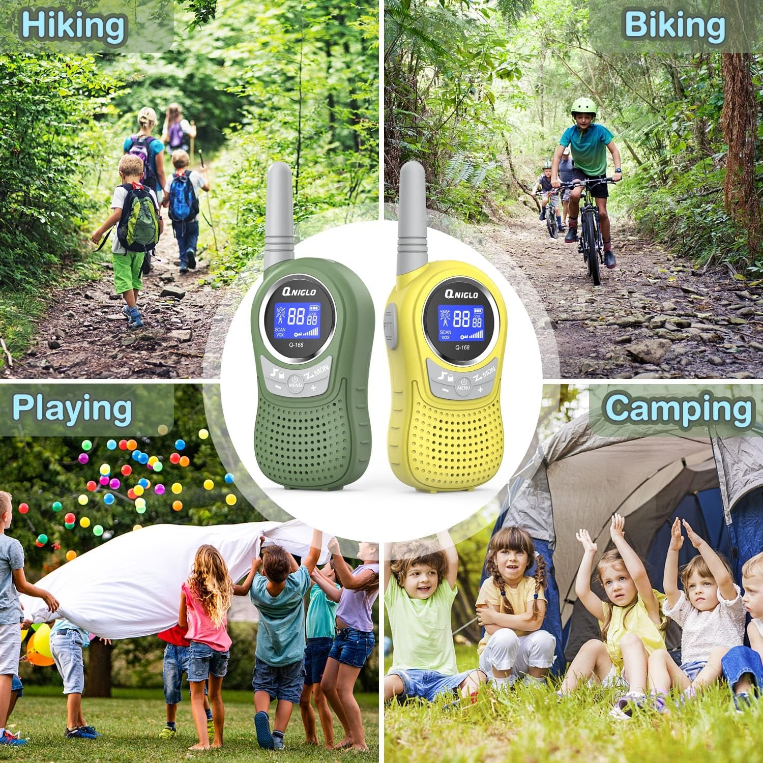 QNIGLO Kids Walkie Talkies 2 Pack, 22 Channel 2KM Rechargeable Walkie Talkies for Kids, Outdoor Camping Hiking Christmas Toys for Kids, Ideal Walkie Talkies for Kids Gifts for Boy Girl 3-12 Years Old