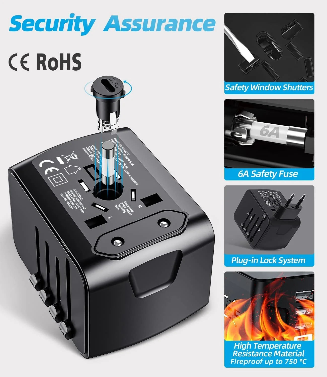 Universal Travel Adapter, Meromore European Travel Plug Adapter with Type C, Black