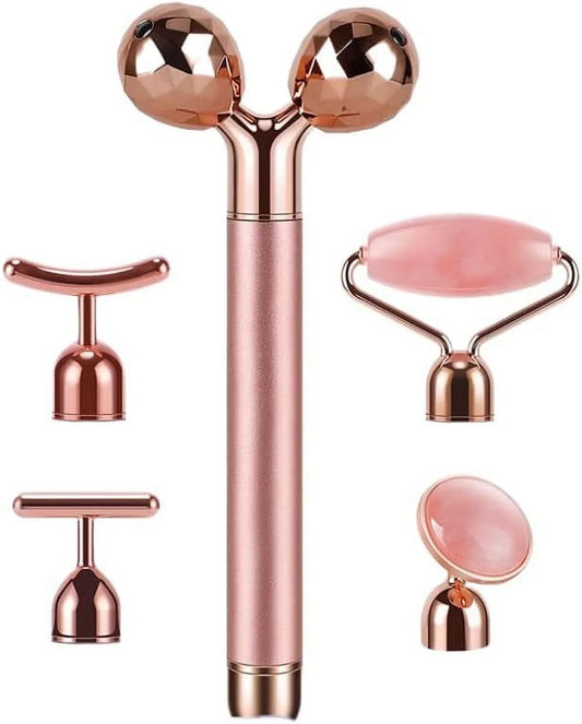 Innotech 5-In-1 24K Gold Beauty Bar Face Massager Electric Vibrating Rose Quartz 3D Roller Face Lifting Body Facial Gua Sha Jade Roller