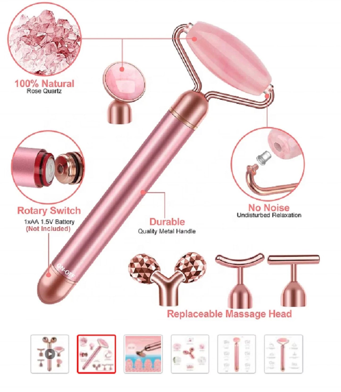Innotech 5-In-1 24K Gold Beauty Bar Face Massager Electric Vibrating Rose Quartz 3D Roller Face Lifting Body Facial Gua Sha Jade Roller