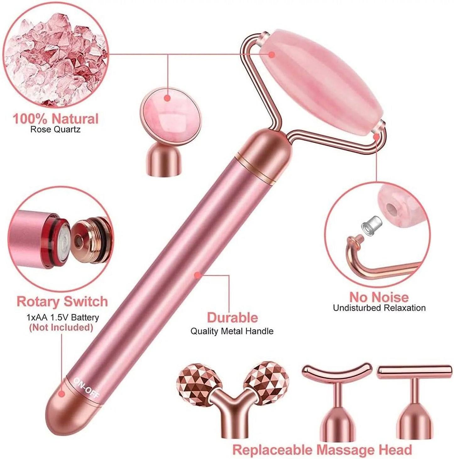Innotech 5-In-1 24K Gold Beauty Bar Face Massager Electric Vibrating Rose Quartz 3D Roller Face Lifting Body Facial Gua Sha Jade Roller