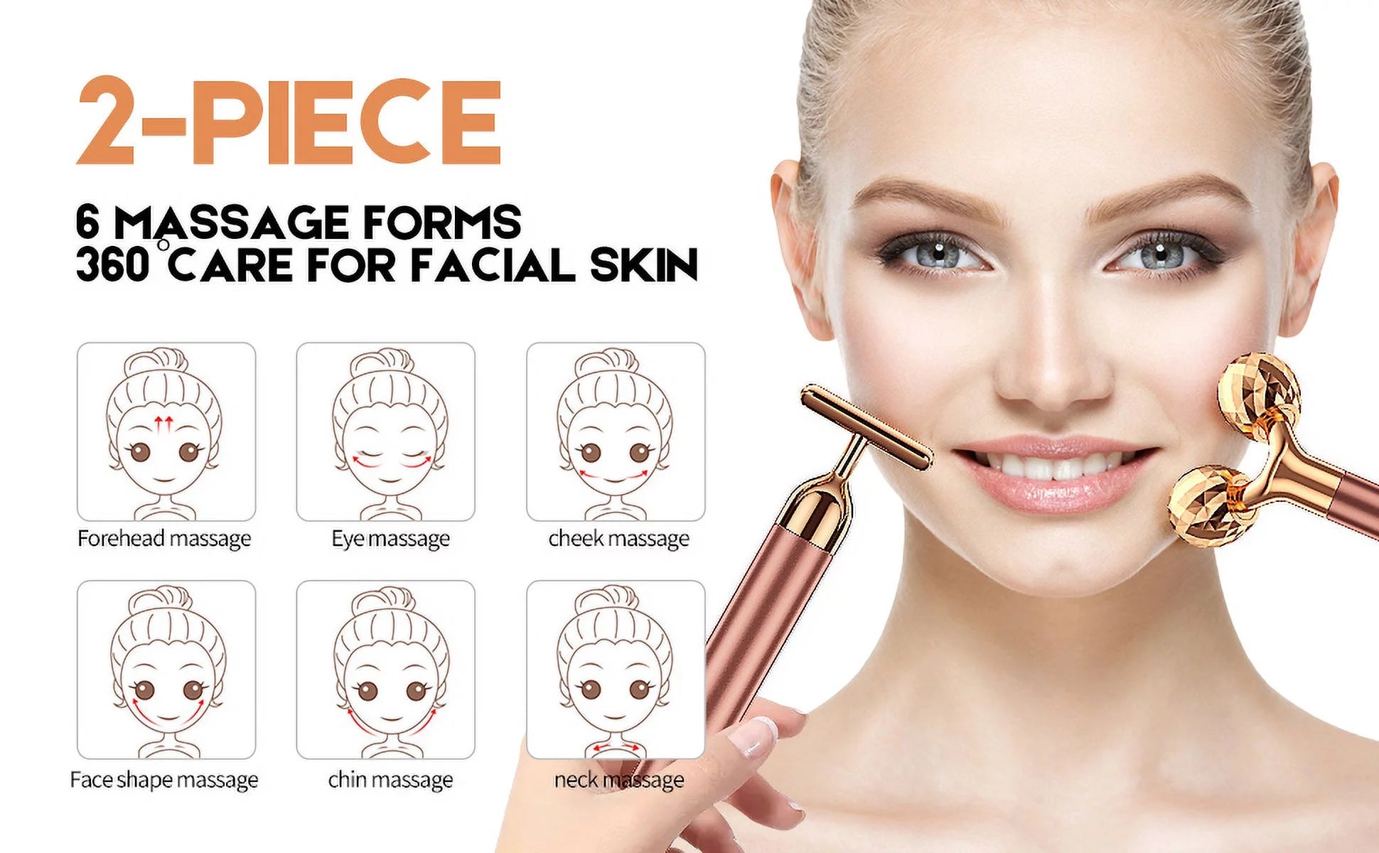 Innotech 5-In-1 24K Gold Beauty Bar Face Massager Electric Vibrating Rose Quartz 3D Roller Face Lifting Body Facial Gua Sha Jade Roller