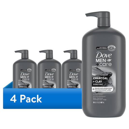 (4 Pack) Dove Men+Care Purifying Hydrating Face & Body Wash for Men Charcoal & Clay, 30 Oz