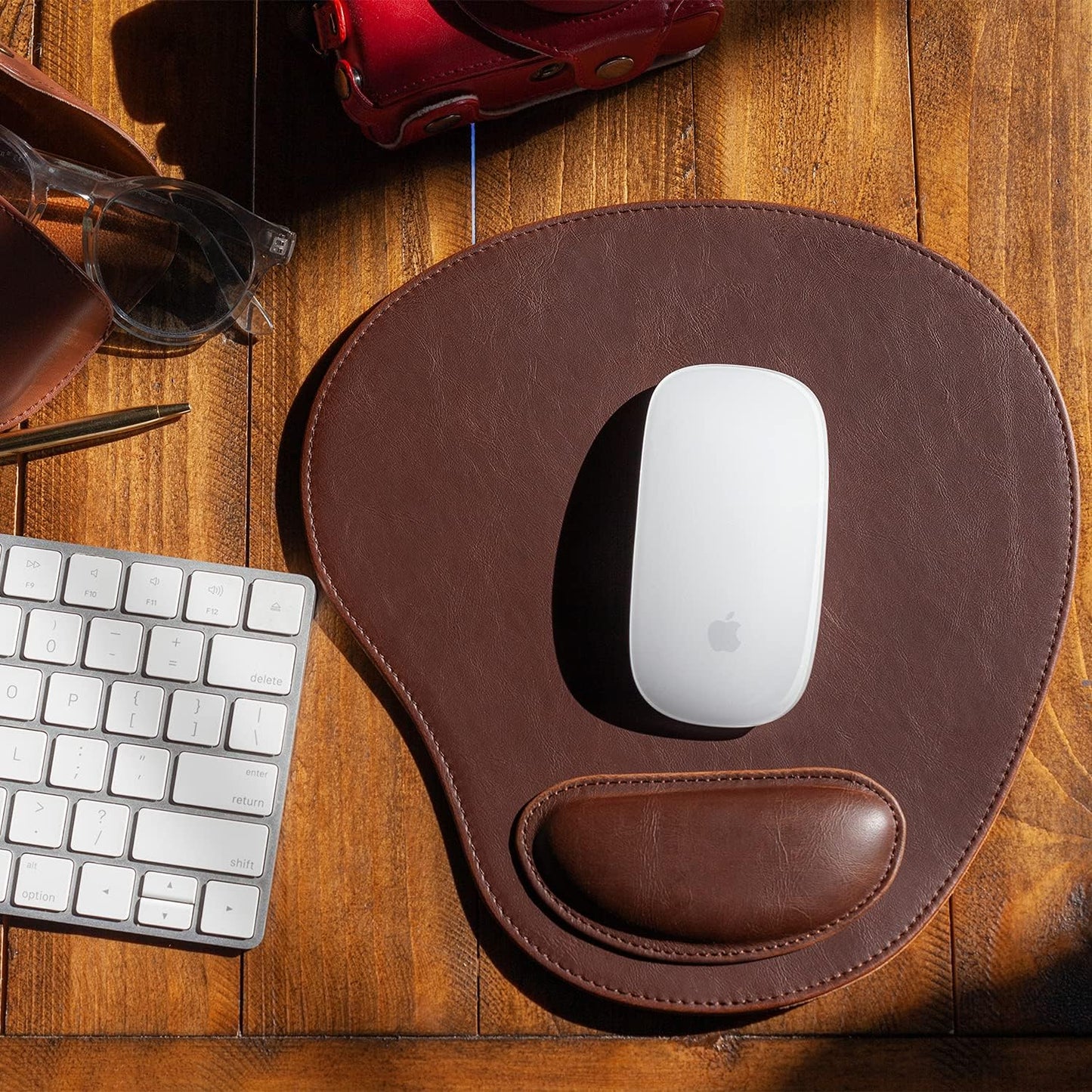 PU Leather Oval Shape Non-Slip Mousepad with Wrist Rest Support, Waterproof Surface, Comfort Memory Foam, Light Ergonomic Design Mouse Pad for Laptop, Desktop
