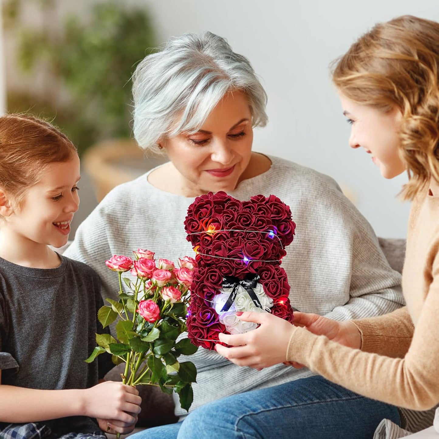 Gifts for Women,Mom Gifts for Mother'S Day,Valentine'S Day Gifts,Gifts for Her Birthday and Valentine'S Day.Handcrafted Angel Statue Imitation Flowers and Preserved Flowers（Wine Red）