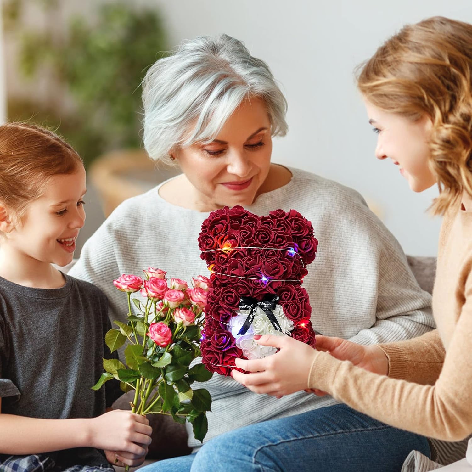 Gifts for Women,Mom Gifts for Mother'S Day,Valentine'S Day Gifts,Gifts for Her Birthday and Valentine'S Day.Handcrafted Angel Statue Imitation Flowers and Preserved Flowers（Wine Red）