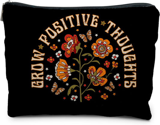 Grow Positive Thoughts Makeup Bag, Positive Gifts for Women, Mental Health Gifts Cosmetic Bag, Inspirational Encouraging Gifts for Women Teenage Girls, Retro Floral Makeup Pouch