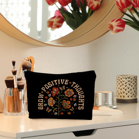 Grow Positive Thoughts Makeup Bag, Positive Gifts for Women, Mental Health Gifts Cosmetic Bag, Inspirational Encouraging Gifts for Women Teenage Girls, Retro Floral Makeup Pouch