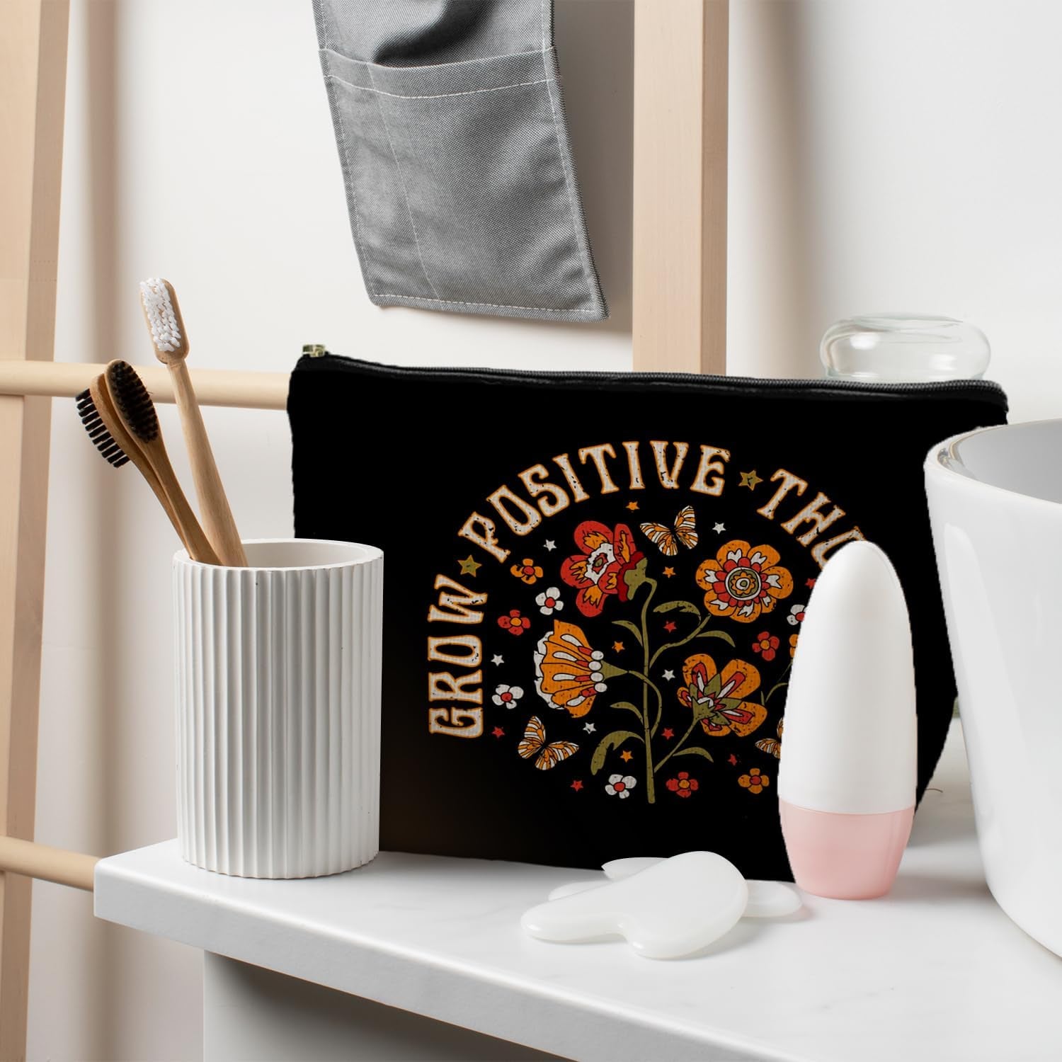 Grow Positive Thoughts Makeup Bag, Positive Gifts for Women, Mental Health Gifts Cosmetic Bag, Inspirational Encouraging Gifts for Women Teenage Girls, Retro Floral Makeup Pouch