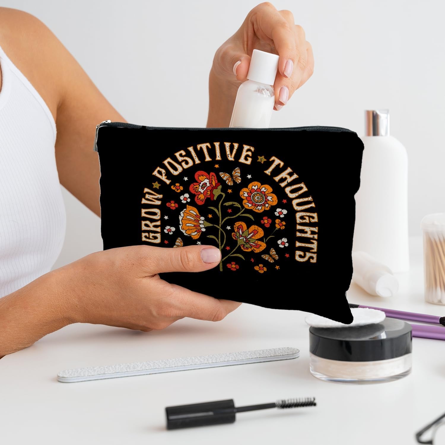 Grow Positive Thoughts Makeup Bag, Positive Gifts for Women, Mental Health Gifts Cosmetic Bag, Inspirational Encouraging Gifts for Women Teenage Girls, Retro Floral Makeup Pouch