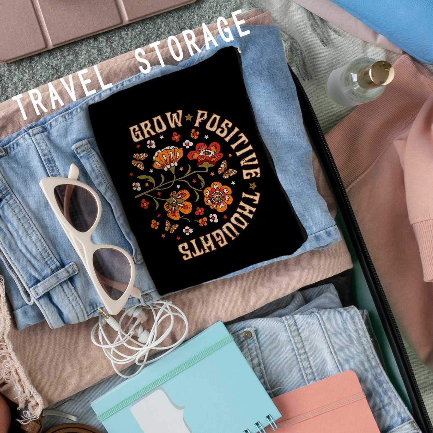 Grow Positive Thoughts Makeup Bag, Positive Gifts for Women, Mental Health Gifts Cosmetic Bag, Inspirational Encouraging Gifts for Women Teenage Girls, Retro Floral Makeup Pouch