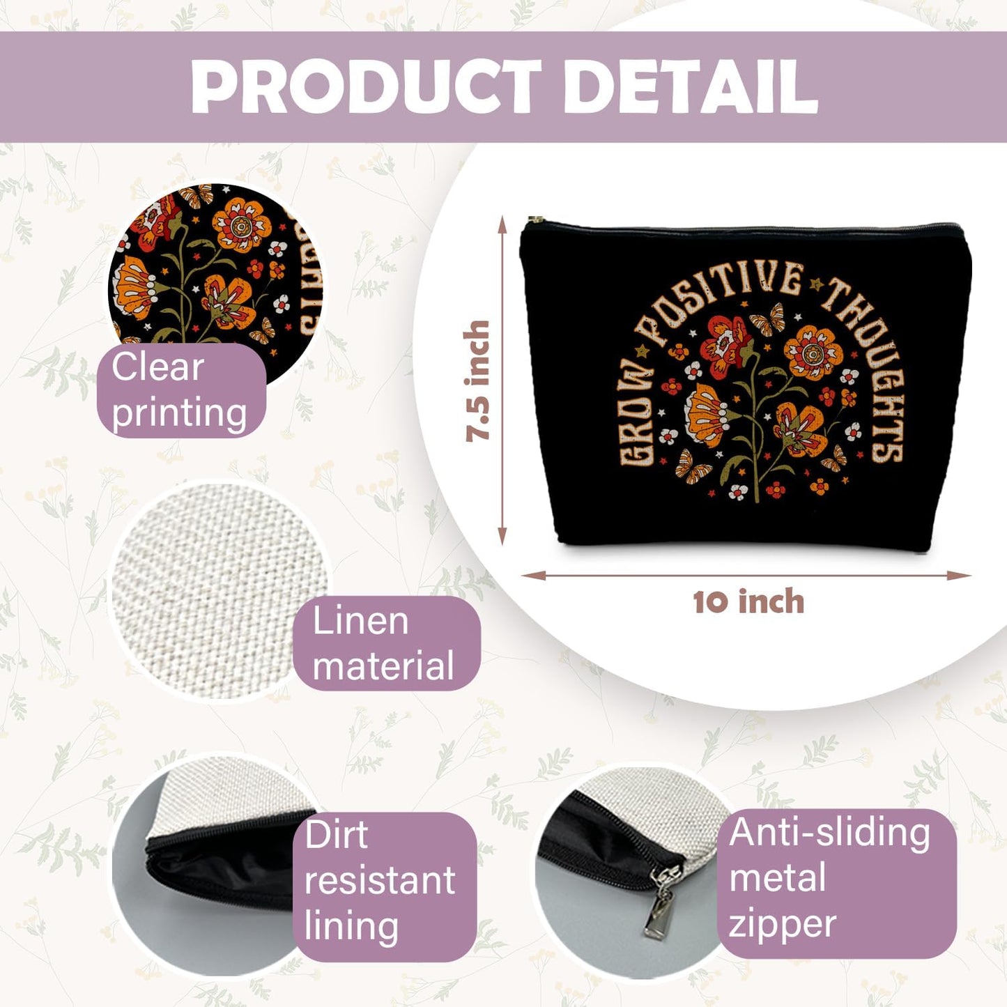 Grow Positive Thoughts Makeup Bag, Positive Gifts for Women, Mental Health Gifts Cosmetic Bag, Inspirational Encouraging Gifts for Women Teenage Girls, Retro Floral Makeup Pouch