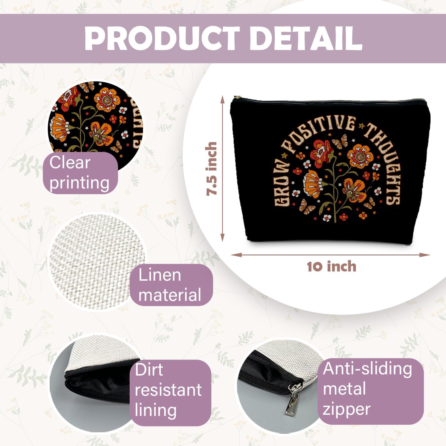 Grow Positive Thoughts Makeup Bag, Positive Gifts for Women, Mental Health Gifts Cosmetic Bag, Inspirational Encouraging Gifts for Women Teenage Girls, Retro Floral Makeup Pouch