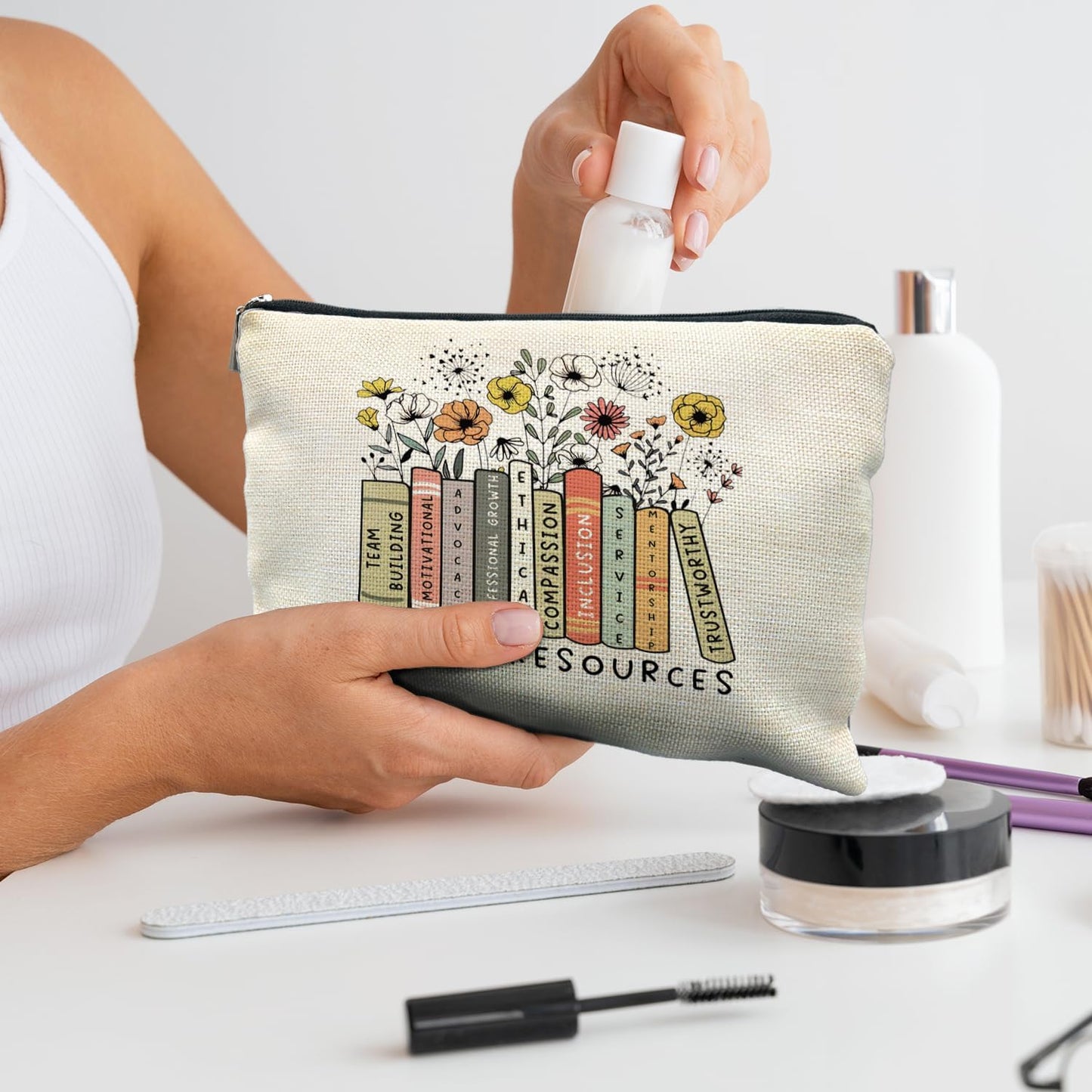 Human Resources Gifts, HR Boho Floral Makeup Bag Pouch Cosmetic Bag Toiletry Bag for Women