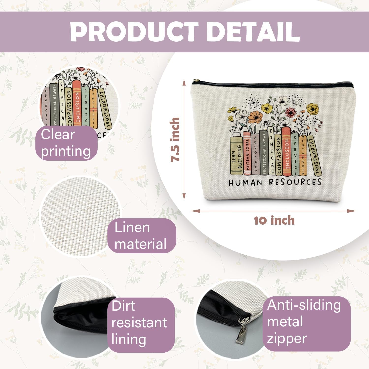 Human Resources Gifts, HR Boho Floral Makeup Bag Pouch Cosmetic Bag Toiletry Bag for Women