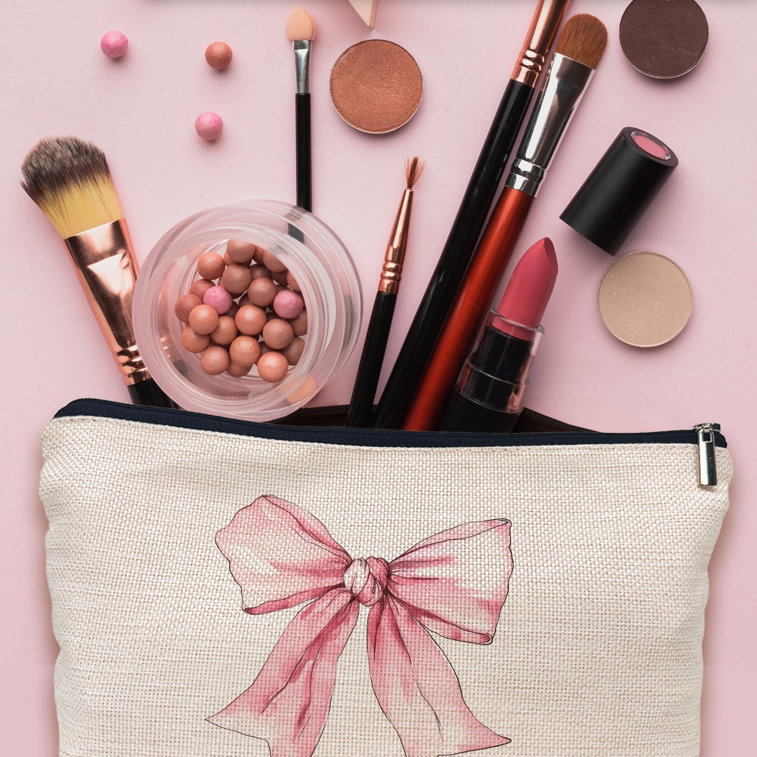 Coquette Makeup Bag - Pink Bow Girly Aesthetic Preppy Stuff, Gifts - Cosmetic Bag Makeup Pouch