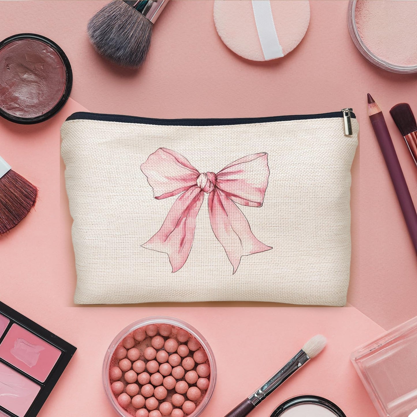Coquette Makeup Bag - Pink Bow Girly Aesthetic Preppy Stuff, Gifts - Cosmetic Bag Makeup Pouch