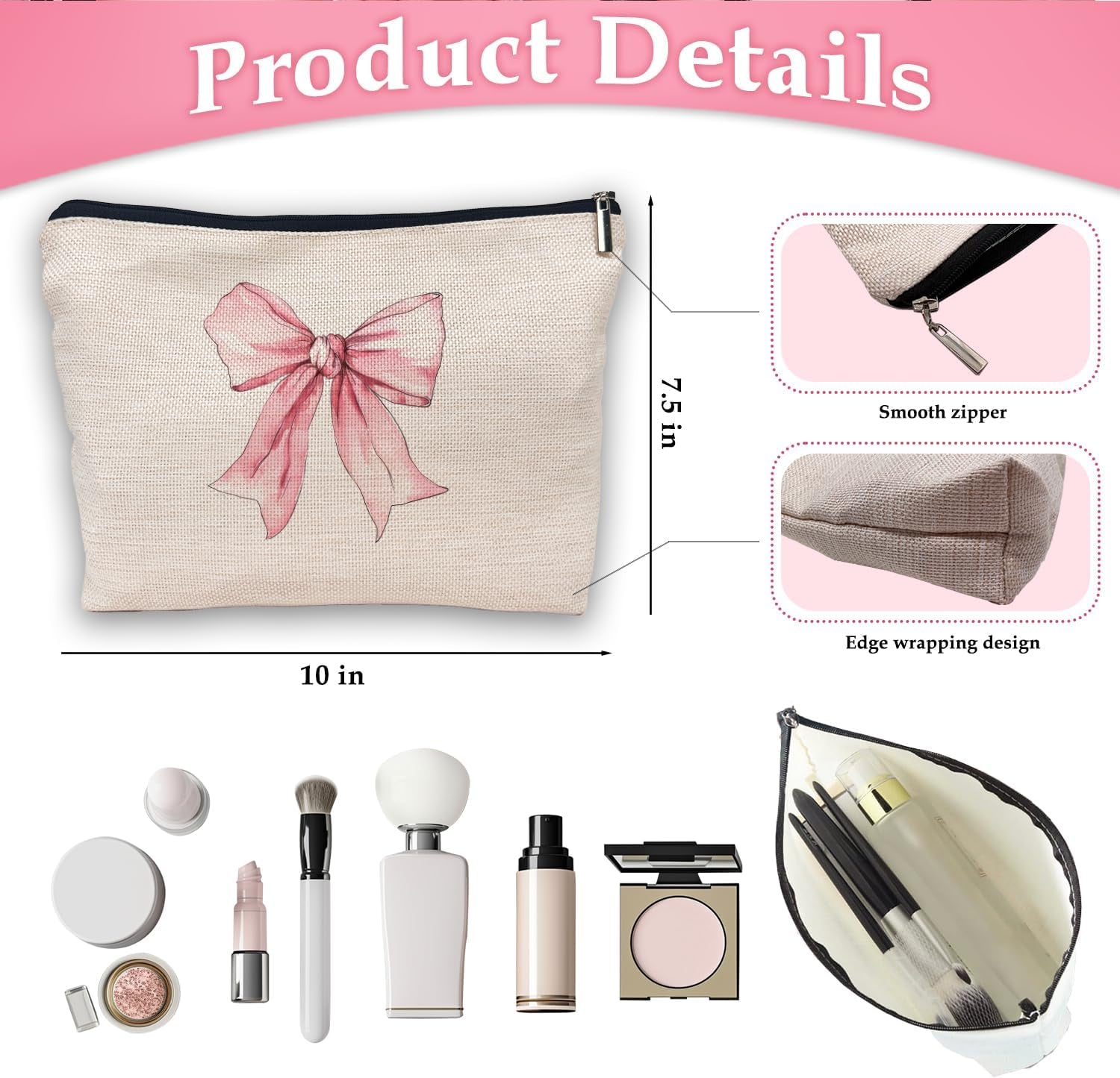 Coquette Makeup Bag - Pink Bow Girly Aesthetic Preppy Stuff, Gifts - Cosmetic Bag Makeup Pouch
