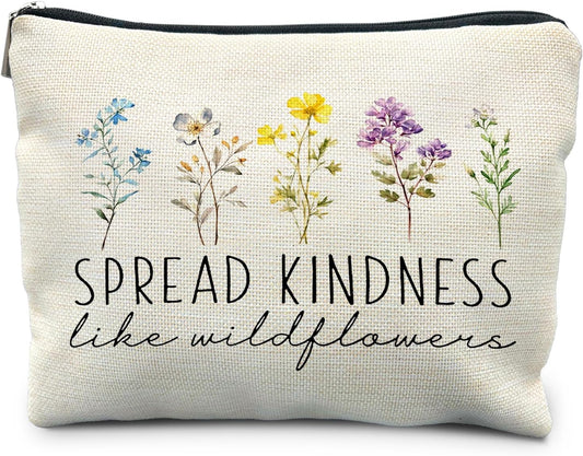 Be Kind Makeup Bag, Kindness Gifts, Spread Kindness like Wildflowers Cosmetic Bag for Women, Motivational Inspirational Gifts for Women, Floral Makeup Pouch