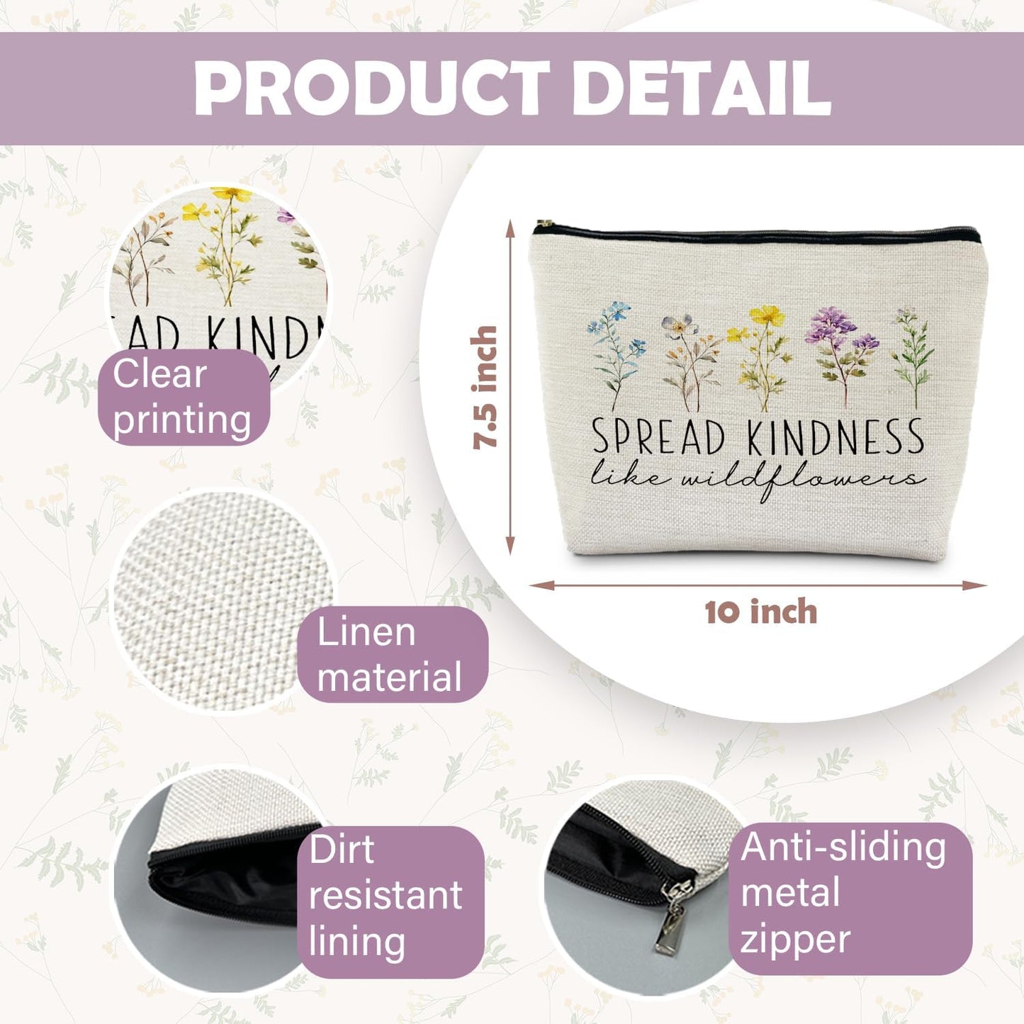 Be Kind Makeup Bag, Kindness Gifts, Spread Kindness like Wildflowers Cosmetic Bag for Women, Motivational Inspirational Gifts for Women, Floral Makeup Pouch