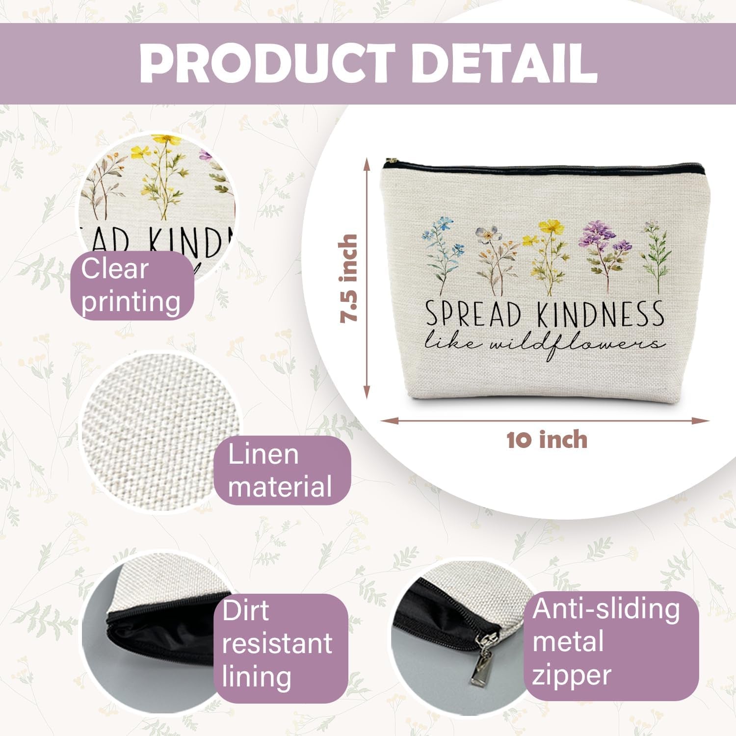 Be Kind Makeup Bag, Kindness Gifts, Spread Kindness like Wildflowers Cosmetic Bag for Women, Motivational Inspirational Gifts for Women, Floral Makeup Pouch