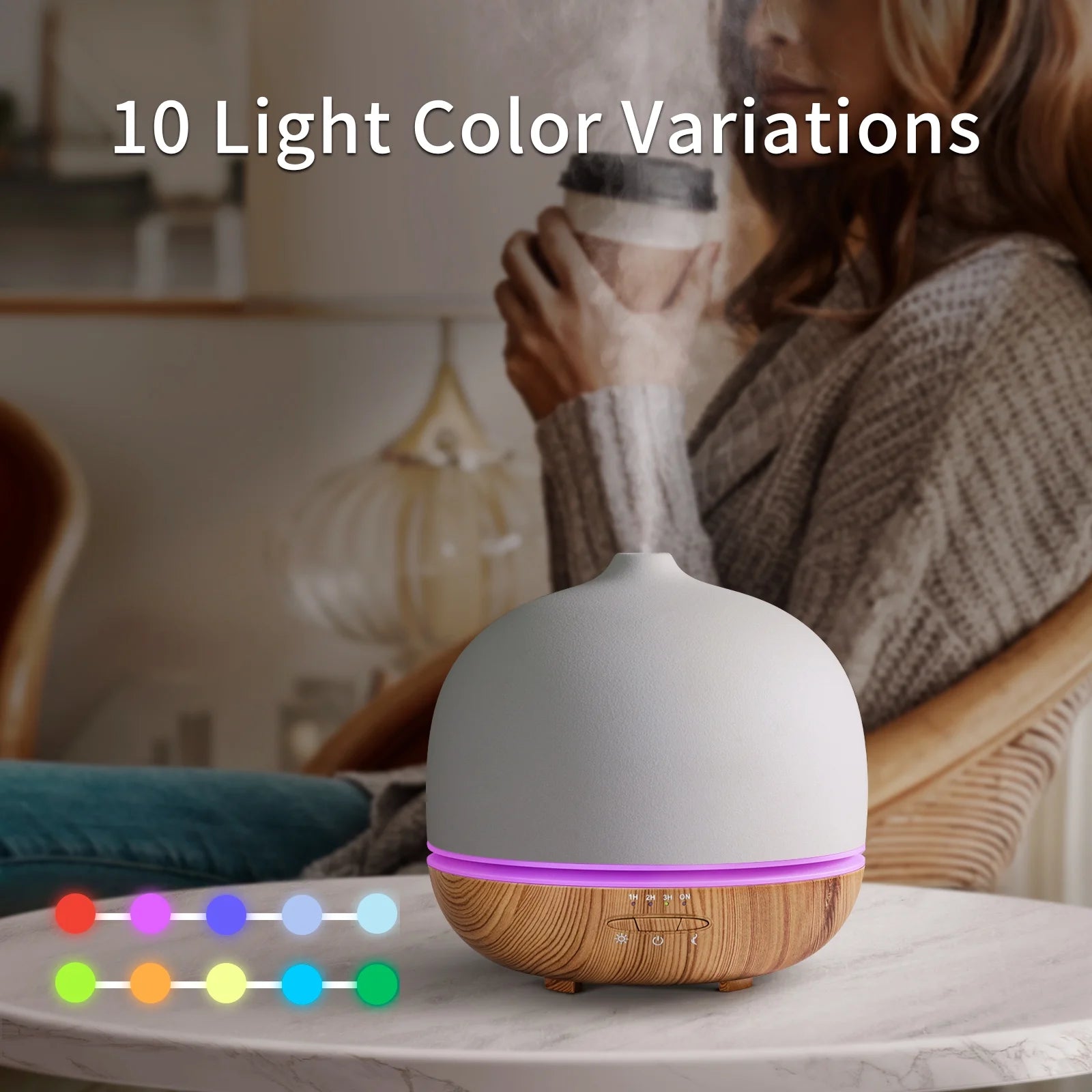 Wanlola 500Ml Essential Oil Diffuser, Ceramic Diffusers for Essential Oils Large Room Ceramic Aromatherapy Diffuser Cool Mist Humidifier with 10 Colors Lights & Waterless Auto-Off for Home Office Room