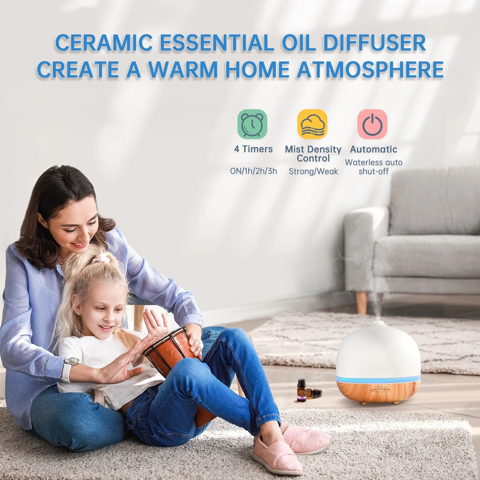 Wanlola 500Ml Essential Oil Diffuser, Ceramic Diffusers for Essential Oils Large Room Ceramic Aromatherapy Diffuser Cool Mist Humidifier with 10 Colors Lights & Waterless Auto-Off for Home Office Room