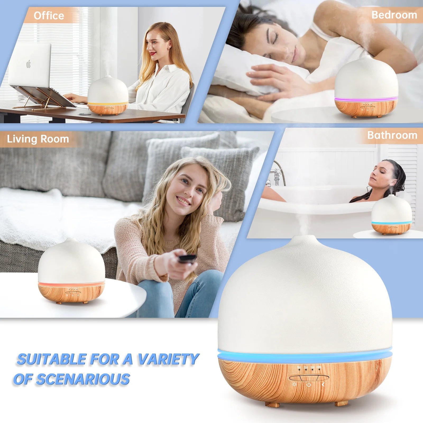 Wanlola 500Ml Essential Oil Diffuser, Ceramic Diffusers for Essential Oils Large Room Ceramic Aromatherapy Diffuser Cool Mist Humidifier with 10 Colors Lights & Waterless Auto-Off for Home Office Room